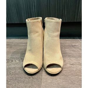 Open Toe Stacked Heel Suede Booties